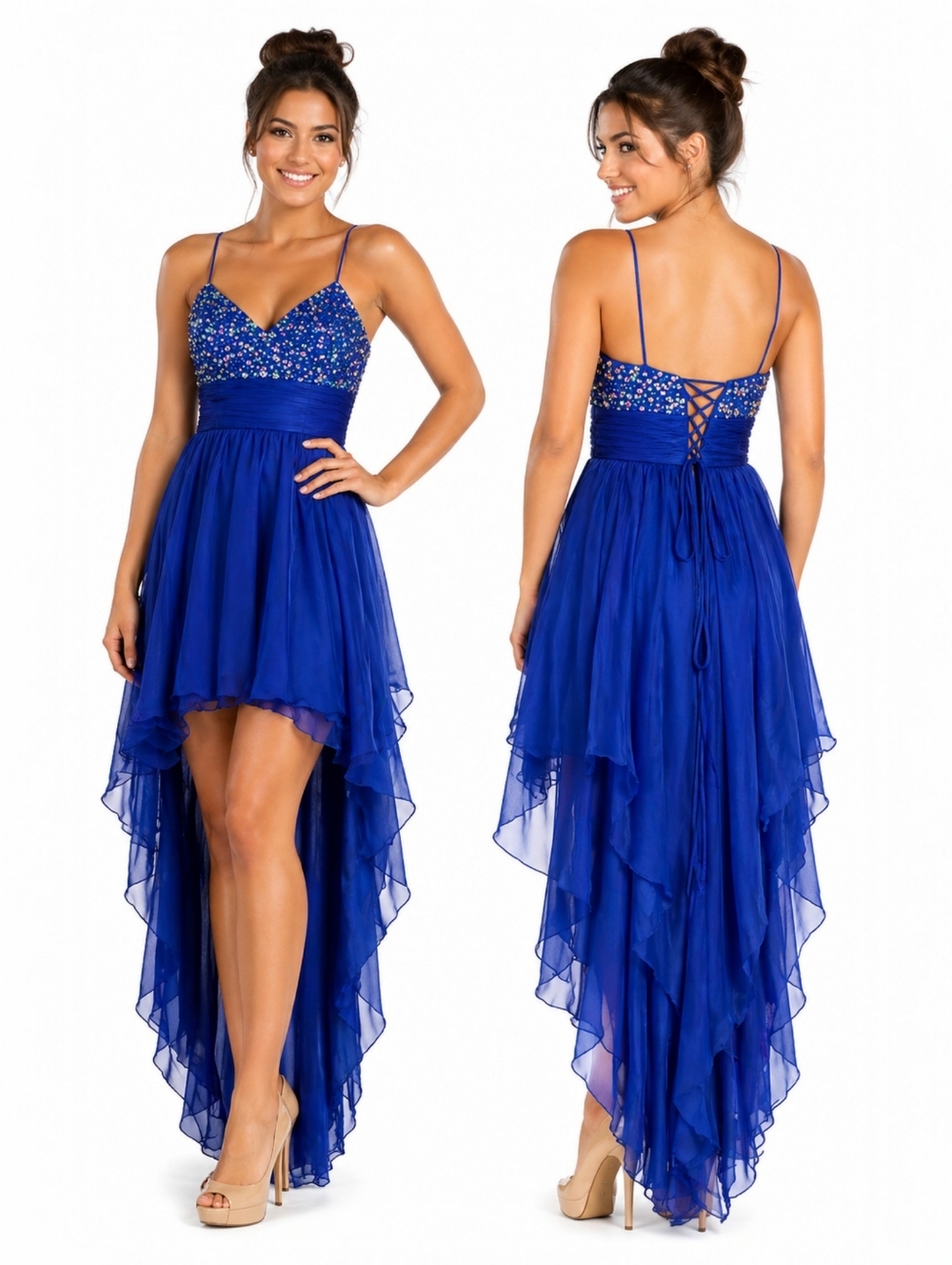 Dave & Johnny Royal Blue Beaded Hi-Low Chiffon Prom Dress Size 15/16 Juniors
